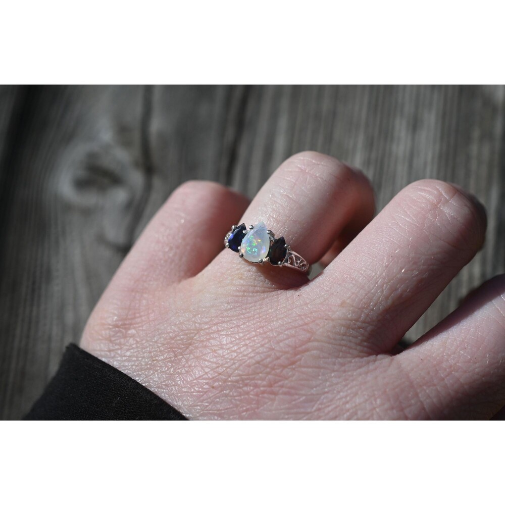 Engagement ring Black opal and Ethiopian opal  sterling silver size 3 4 5 6 7 8